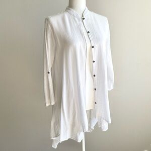 XCVI Botton Down Rippled Button Up Cotton Tunic Blouse Cover Up, White Medium